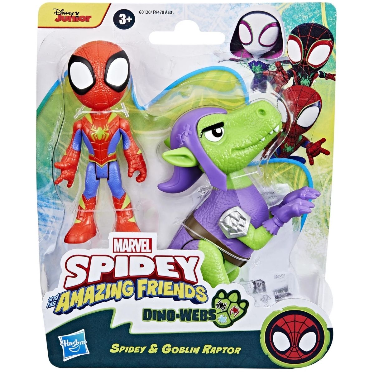 Front view of the Spidey and His Amazing Friends Dino-Webs action figure set in its original branded blister pack packaging.