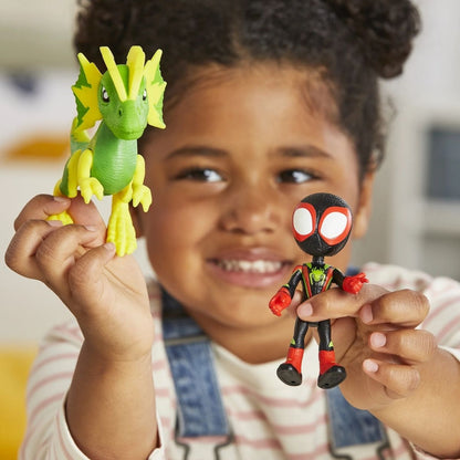 Lifestyle shot of a child cheerfully holding up the Miles Spin Morales figure and Electrosaurus toy, ready for playtime action.