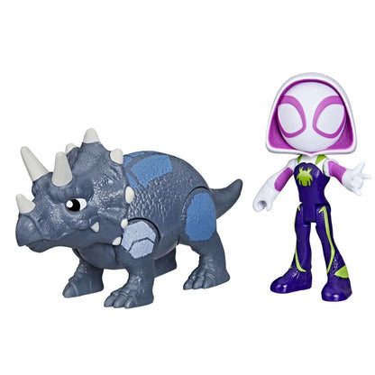 Front view of the Marvel Spidey and His Amazing Friends Ghost-Spider action figure standing next to her grey and blue Rhino Dino Triceratops toy.