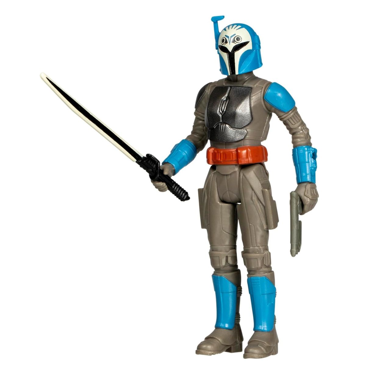 A close-up side profile view of the 4-inch Bo-Katan Kryze action figure holding the dark sword accessory.