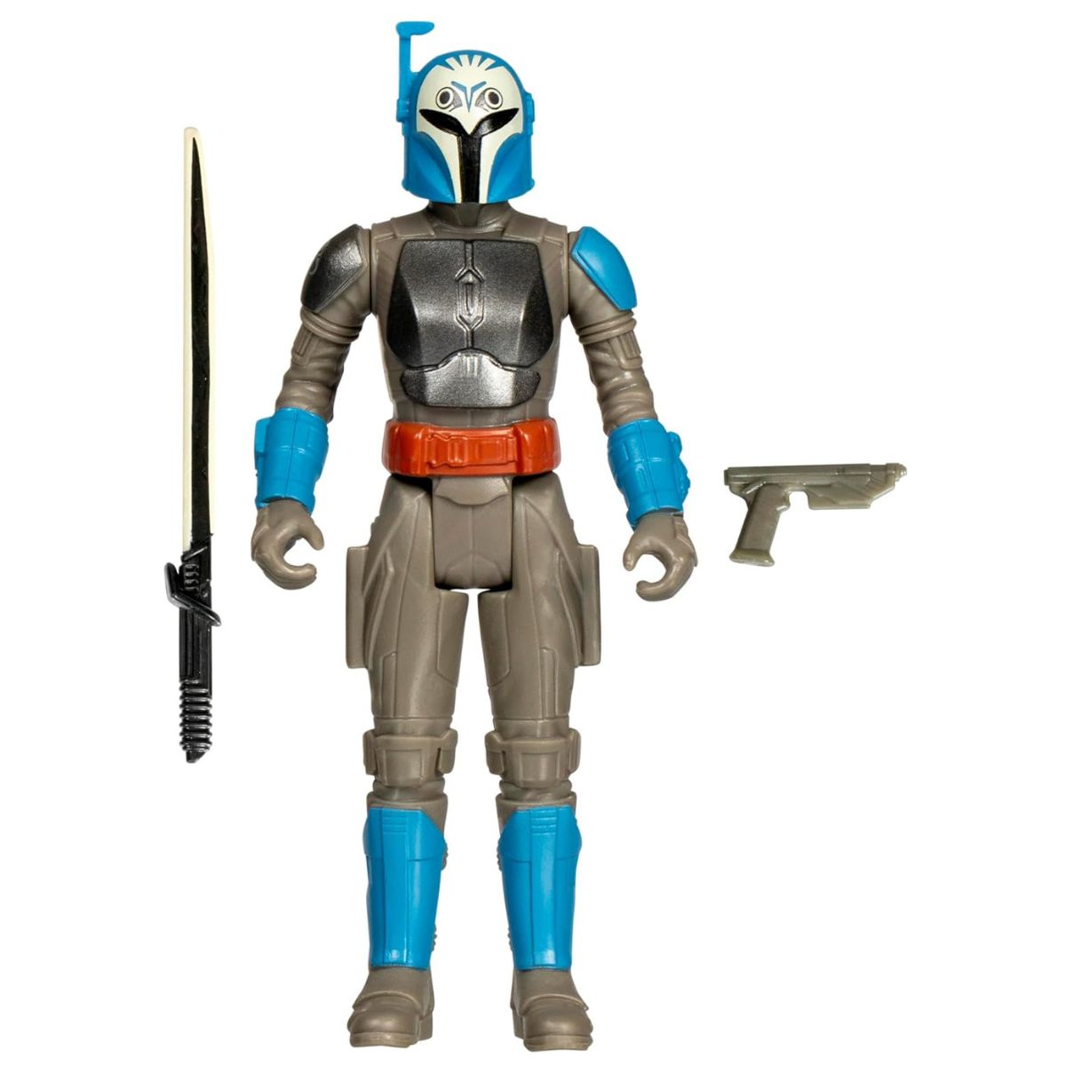 Front portrait view of the Bo-Katan Kryze action figure standing straight and holding both weapon accessories.