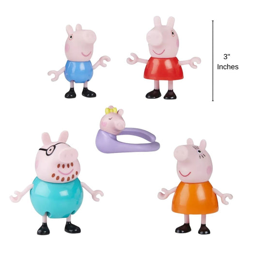 Individual figures view showing Mummy Pig, Daddy Pig, George Pig, Peppa Pig, Baby Evie carrier accessory, with a 3-inch height measurement graphic indicator.