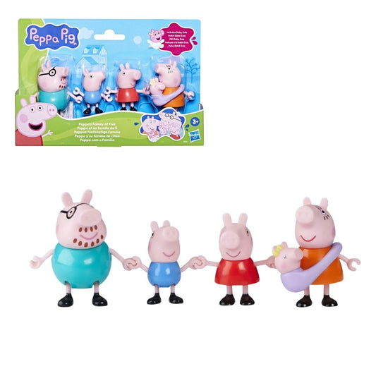 Peppa Pig Peppa's Family of Five figure set showing packaging and 3-inch poseable figures of Daddy Pig, George, Peppa, and Mummy Pig carrying Baby Evie holding hands.