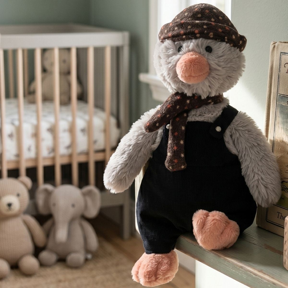 Happy Horse Penguin Polar dressed plush toy sitting on a shelf in a modern nursery next to a wooden crib and plush elephant.