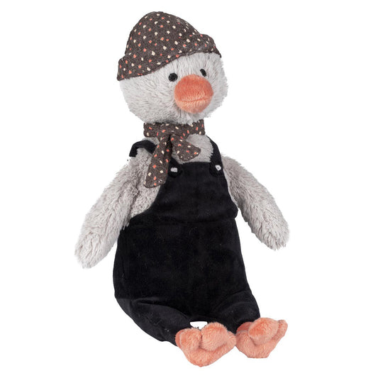 Happy Horse Penguin Polar size 2 light grey plush penguin wearing dark corduroy dungarees, a patterned hat, and a scarf sitting against a white background.