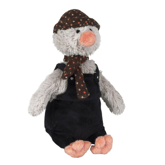 Happy Horse Penguin Polar size 1 light grey plush penguin wearing dark corduroy dungarees, a patterned hat, and a scarf sitting against a white background.