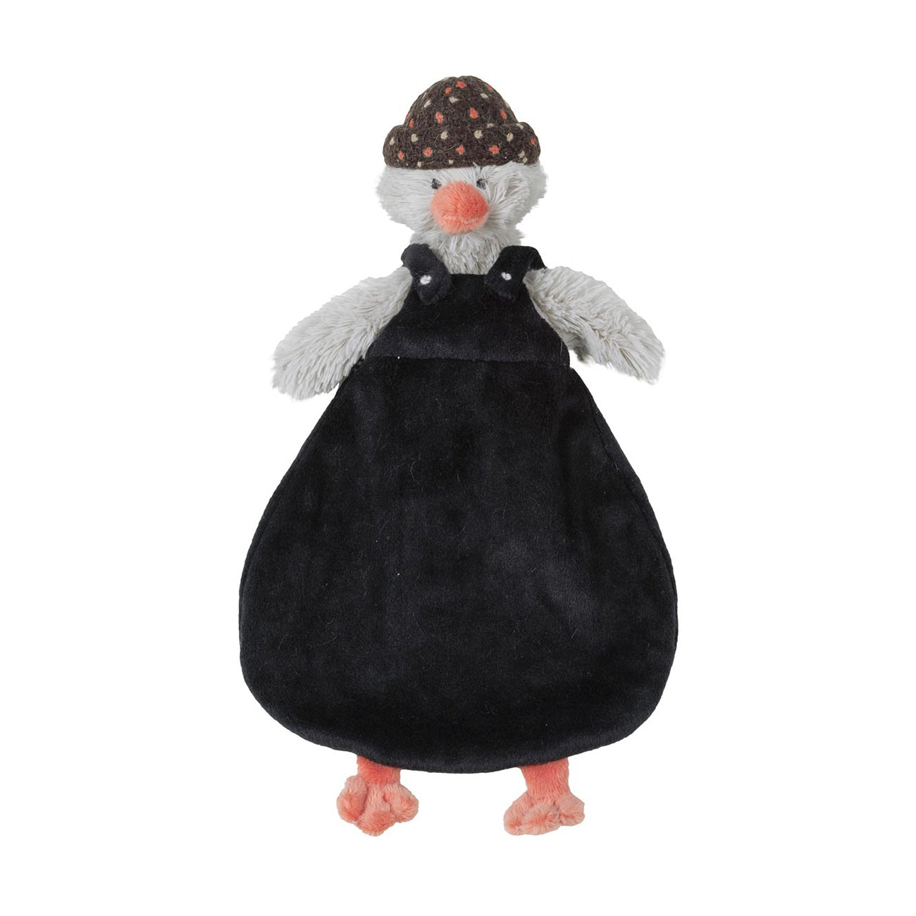Happy Horse Penguin Polar light grey plush security tuttle blanket wearing a dark corduroy outfit and patterned beanie against a white background.