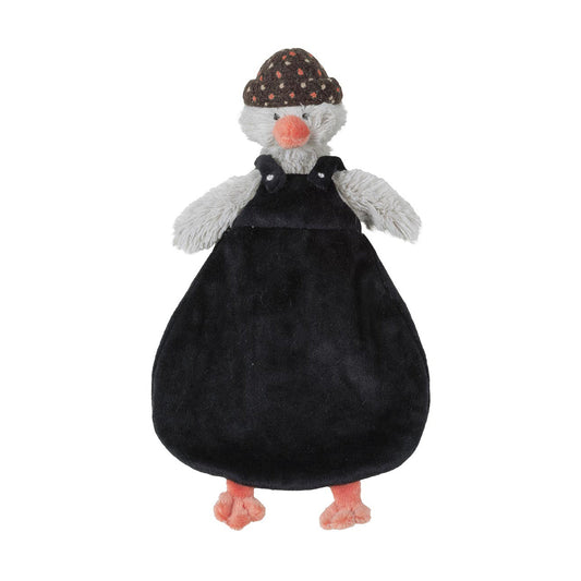Happy Horse Penguin Polar light grey plush security tuttle blanket wearing a dark corduroy outfit and patterned beanie against a white background.
