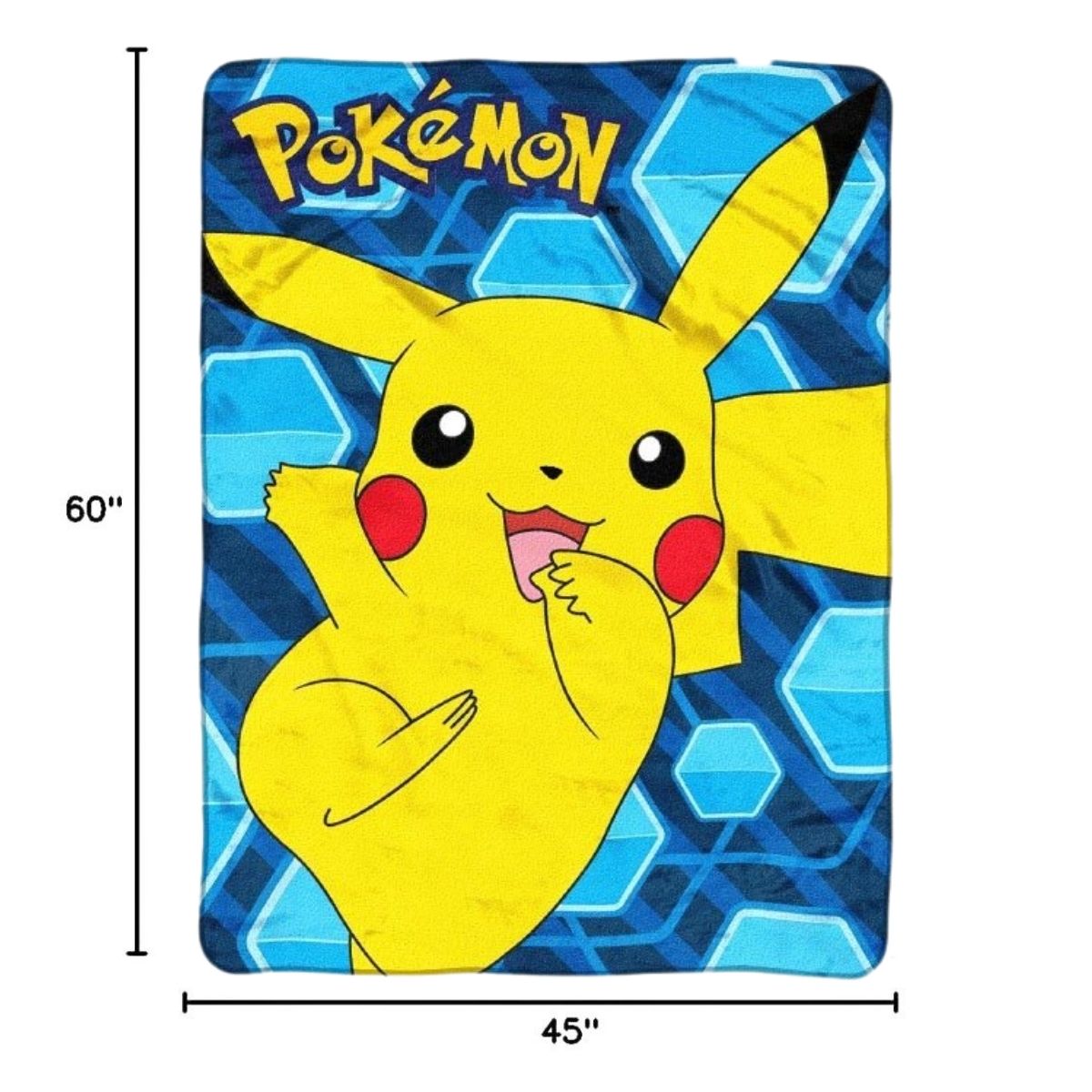 Sizing graphic for the Pokemon Pikachu blanket showing the full vibrant blue and yellow design, indicating a total size of 45 inches wide by 60 inches long.