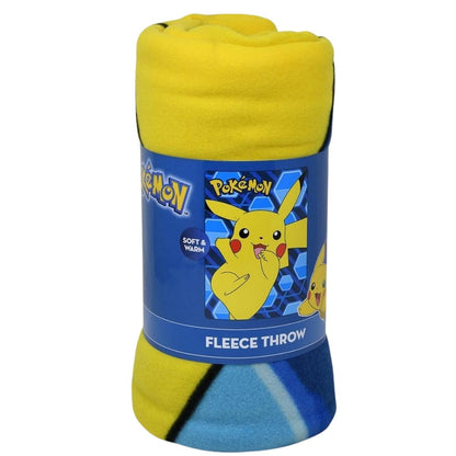 Close-up view of the rolled-up Pokemon fleece throw blanket showing its soft yellow and blue texture and the printed packaging band.