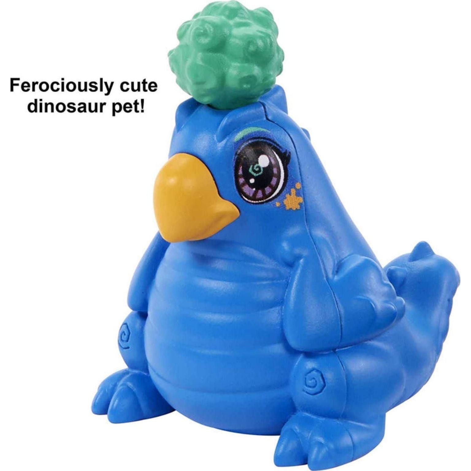 Close-up view of Slate's ferociously cute blue dinosaur pet bird featuring a yellow beak and a green tuft of hair on its head.
