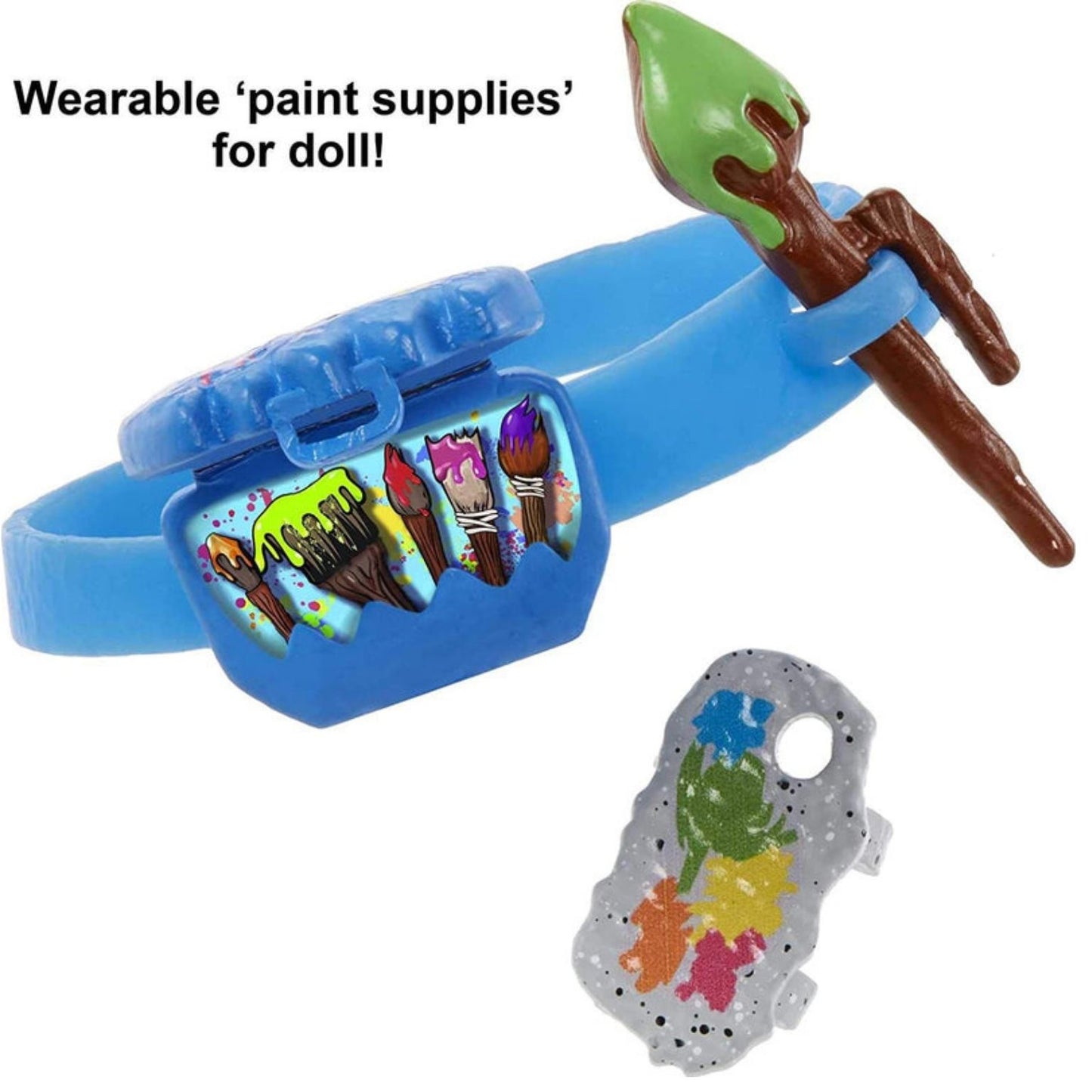 Close-up view of Slate's wearable blue paint palette belt accessory and brown prehistoric paintbrush.