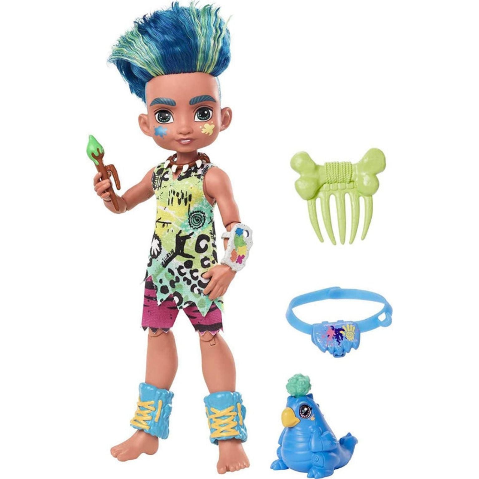 Front view of the Mattel Cave Club Slate doll featuring spiky blue hair, a green animal print tunic, alongside his blue dinosaur pet, bone comb, and paint accessories.