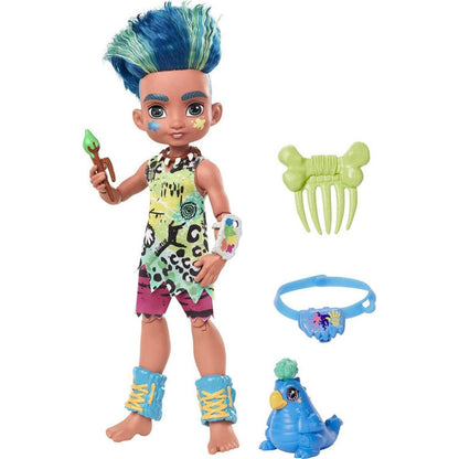Front view of the Mattel Cave Club Slate doll featuring spiky blue hair, a green animal print tunic, alongside his blue dinosaur pet, bone comb, and paint accessories.