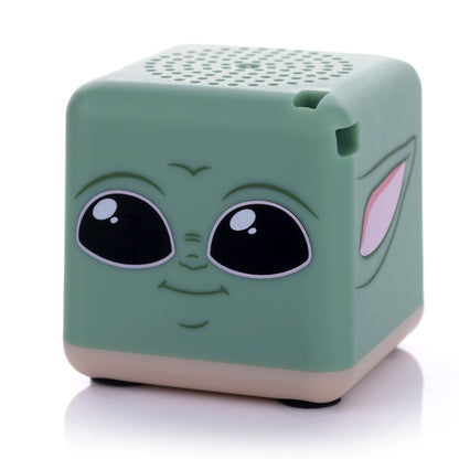Angled front-right view of the Grogu mini speaker highlighting his adorable face and top speaker grill.