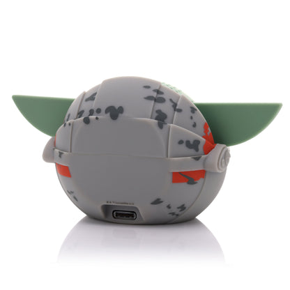 Back view of the Grogu in Pram mini speaker showing the grey metallic details of the pram and the lower charging port.