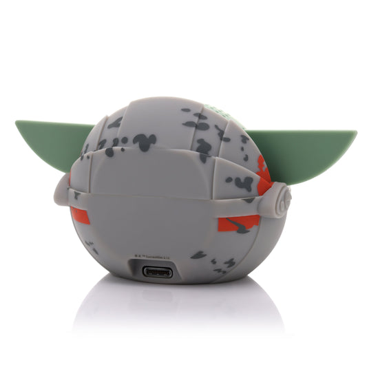 Back view of the Grogu in Pram mini speaker showing the grey metallic details of the pram and the lower charging port.