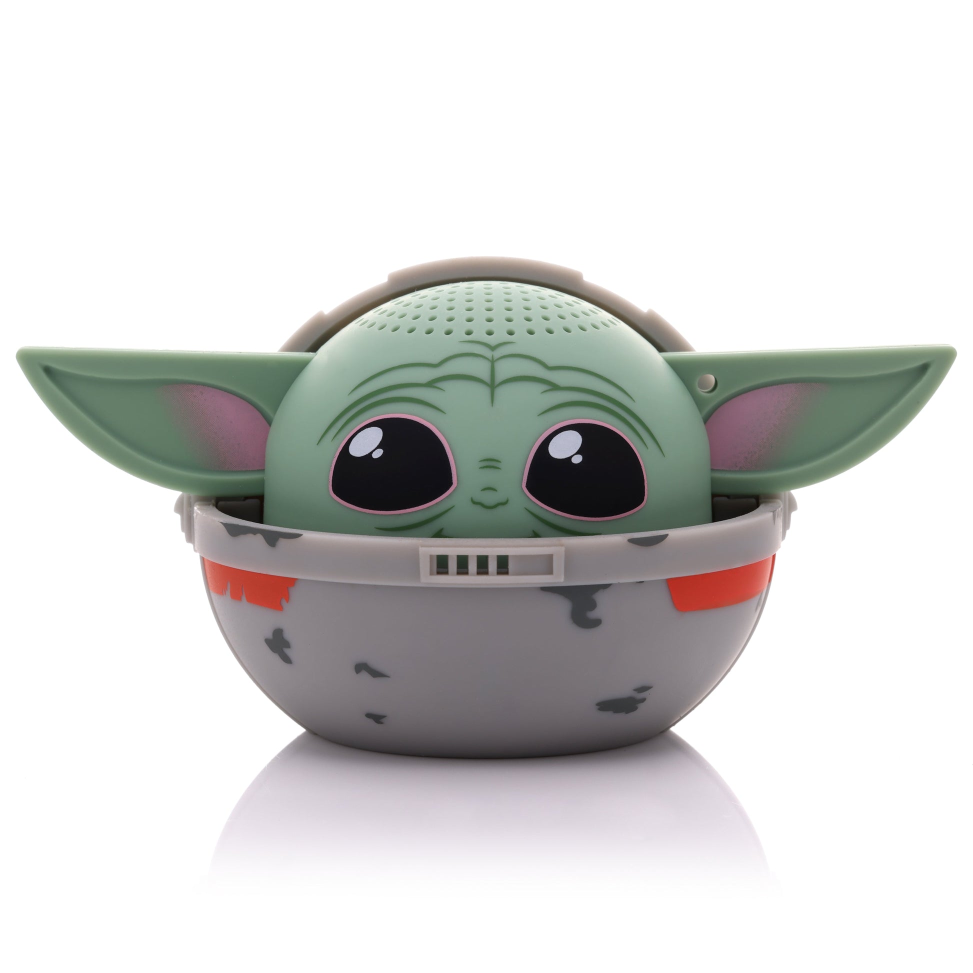 Front view of the Bitty Boomers Star Wars mini Bluetooth speaker featuring Grogu with large expressive eyes peeking out from inside his grey and red hover pram.