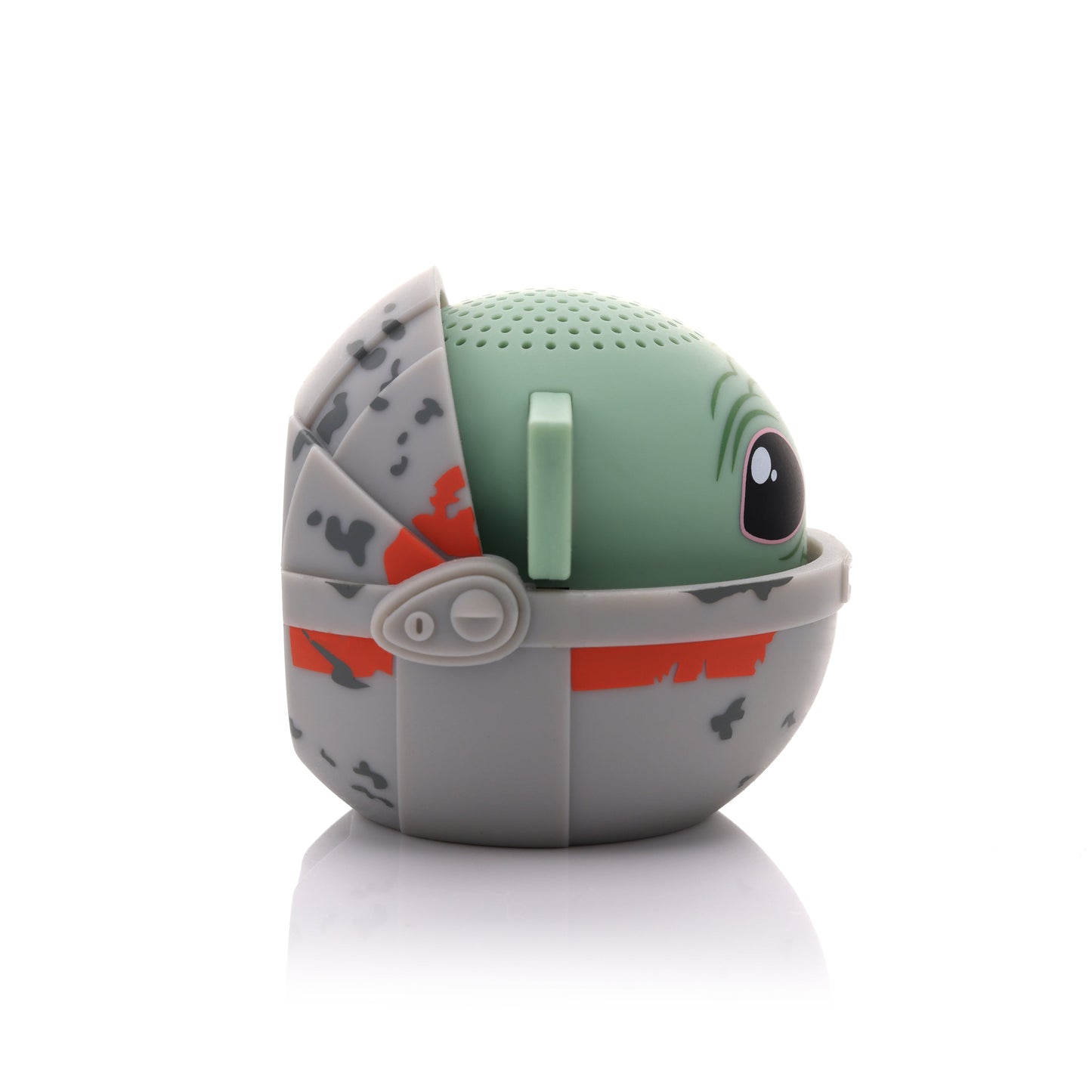 Side profile view of the Grogu in Pram Bluetooth speaker showing his green ear and the side of the hover pram canopy.