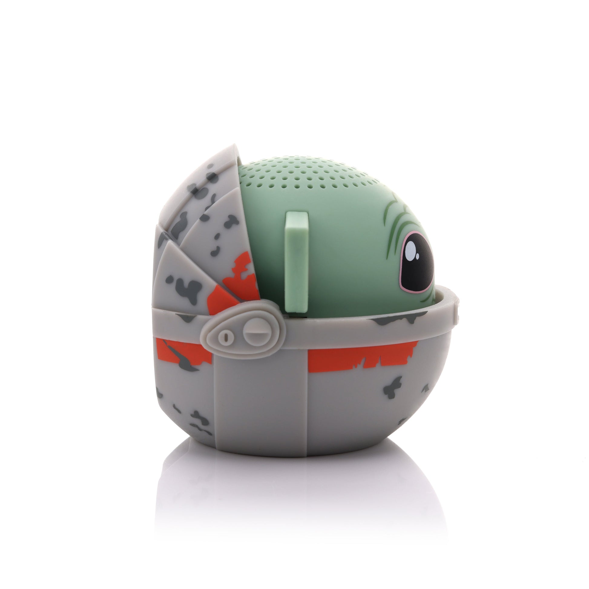 Side profile view of the Grogu in Pram Bluetooth speaker showing his green ear and the side of the hover pram canopy.