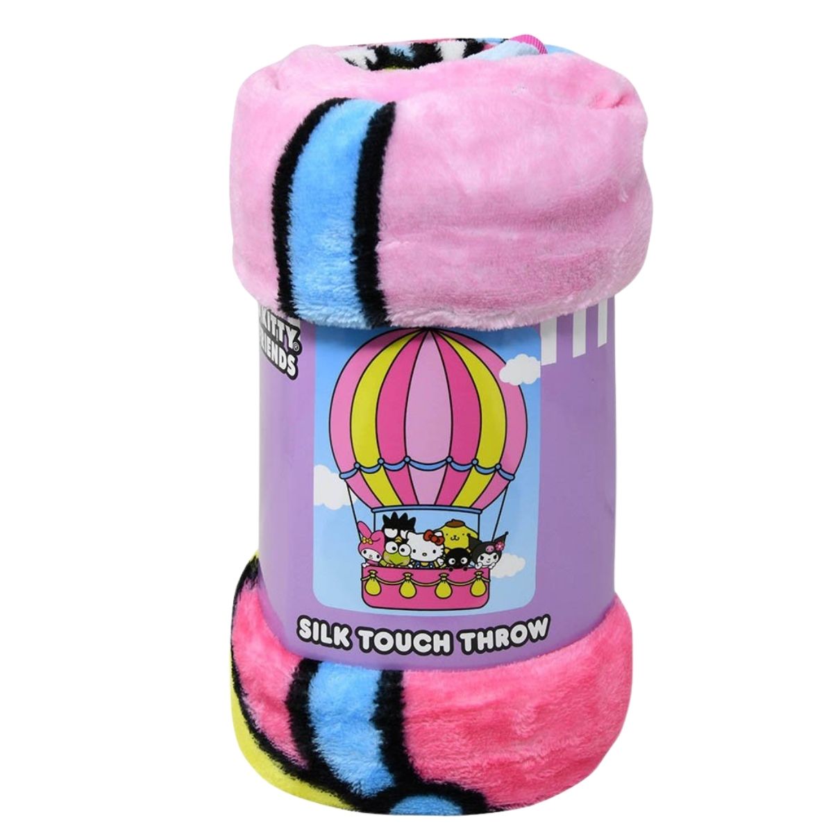 The Sanrio characters throw blanket tightly rolled and packaged with a branded purple paper wrap.