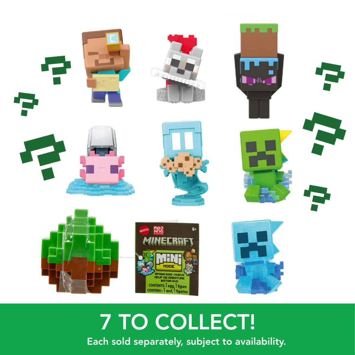 Graphic overlay displaying the 7 collectible Minecraft Mini Mode figures including a sheep, golem, and translucent blue creeper.