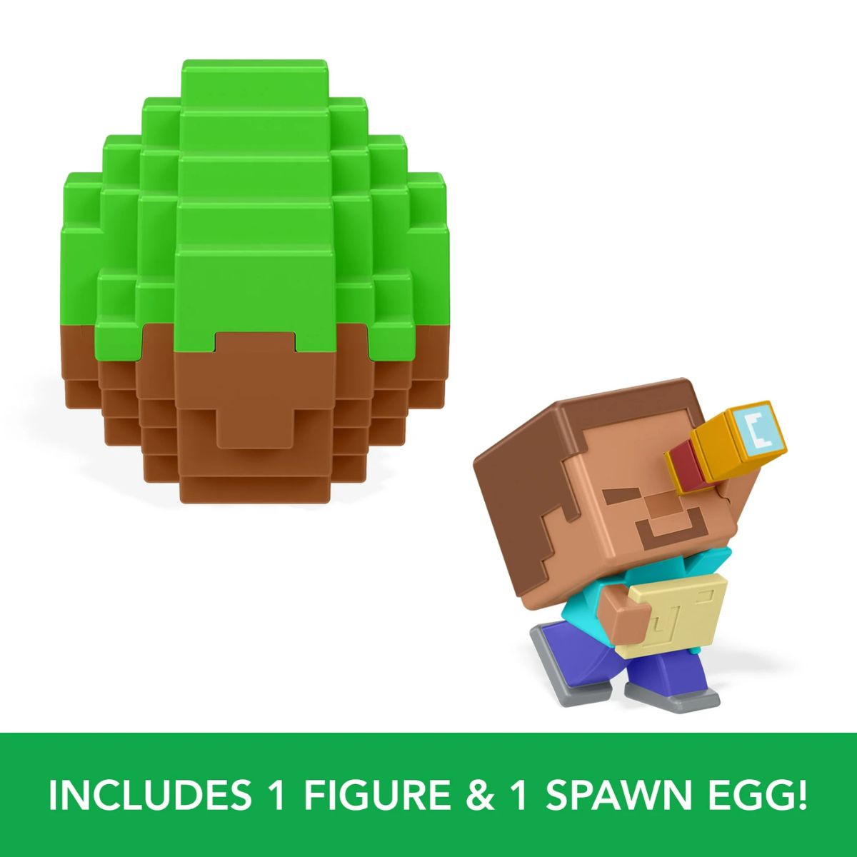 Product feature illustration showing a green pixelated spawn egg alongside a miniature block-style character figure.