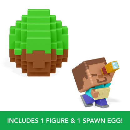 Product feature illustration showing a green pixelated spawn egg alongside a miniature block-style character figure.
