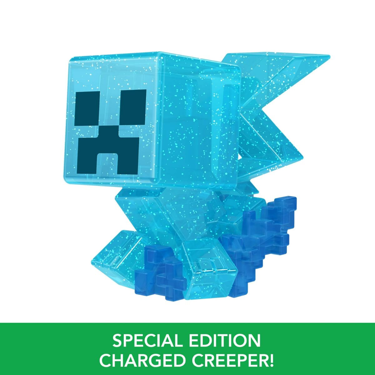 Close-up view of a special edition translucent bright blue Charged Creeper mini figure from the Minecraft collection.