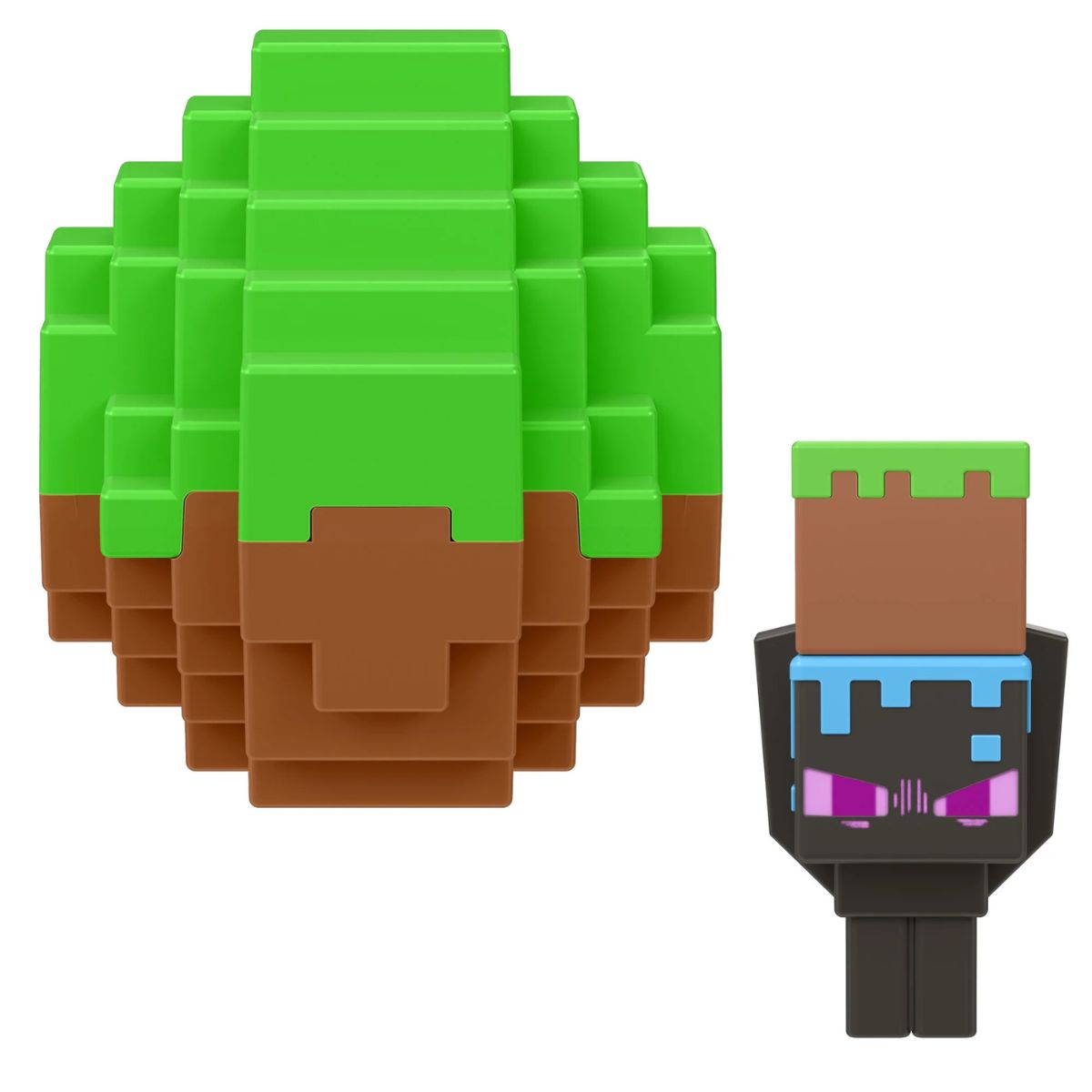 Minecraft Mini Mode Spawn Egg toy showing a pixelated green and brown egg shell container next to a block-style mini figure.