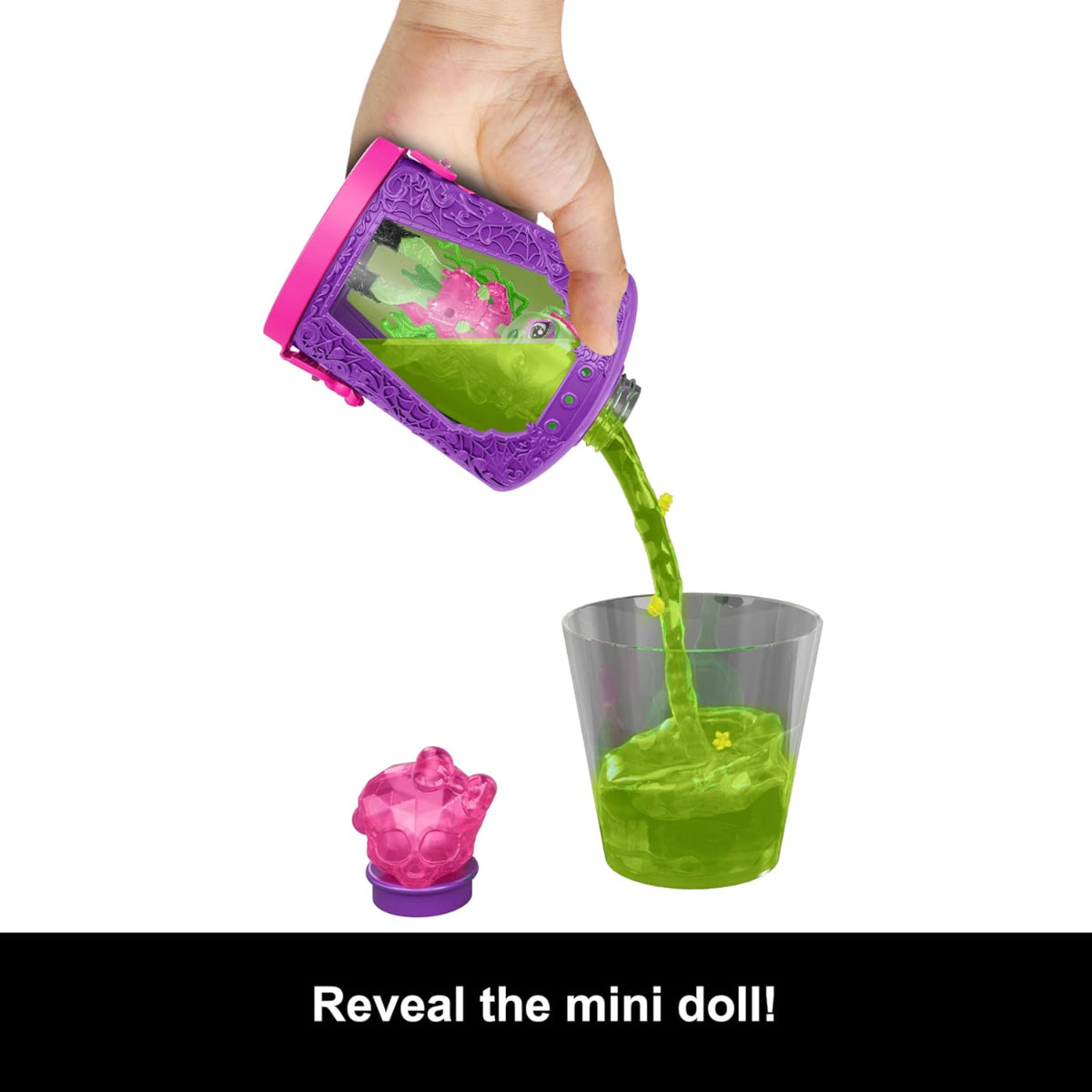 Hand pouring green liquid from a purple container into a cup with a pink doll figure on a white background.