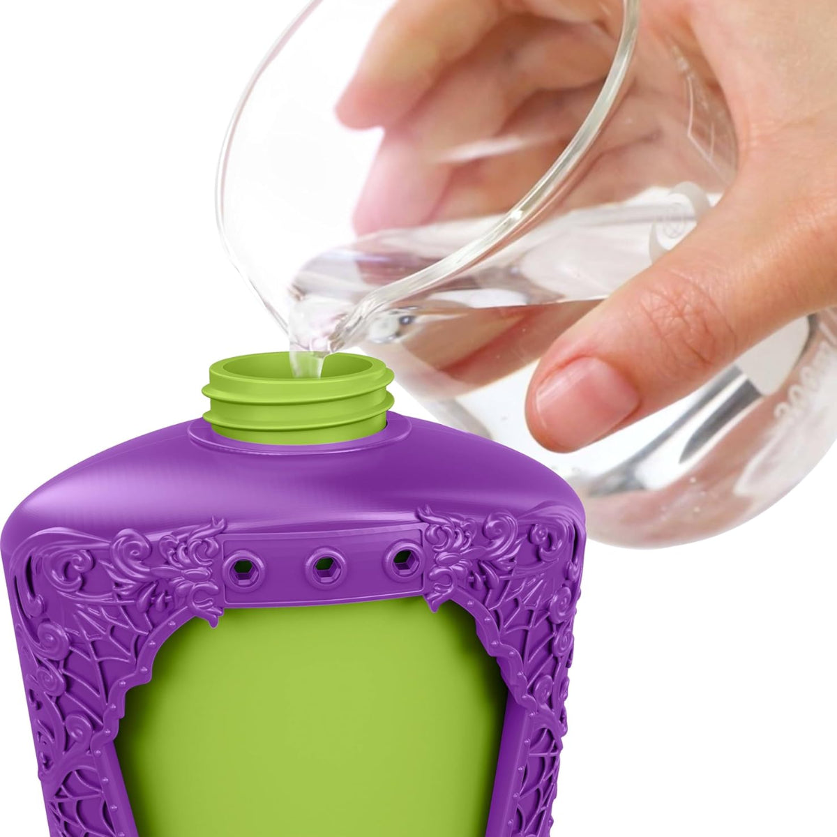 Purple bottle with green cap being filled with water by a hand
