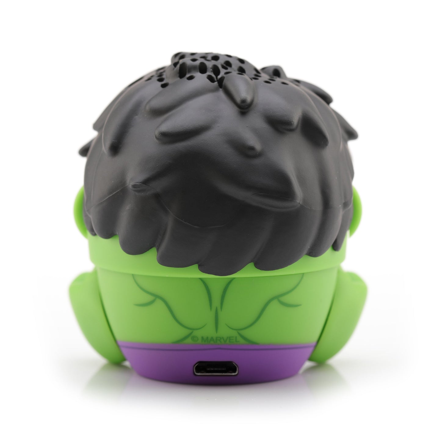 Back view of the Hulk Bluetooth speaker highlighting his muscular green back, purple pants base, and lower charging port.