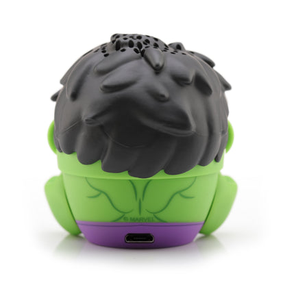 Back view of the Hulk Bluetooth speaker highlighting his muscular green back, purple pants base, and lower charging port.