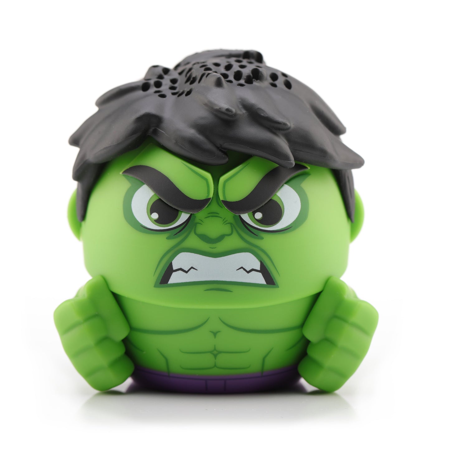 Front view of the Bitty Boomers Marvel Hulk mini Bluetooth speaker featuring his angry green face, black hair, clenched fists, and purple pants.