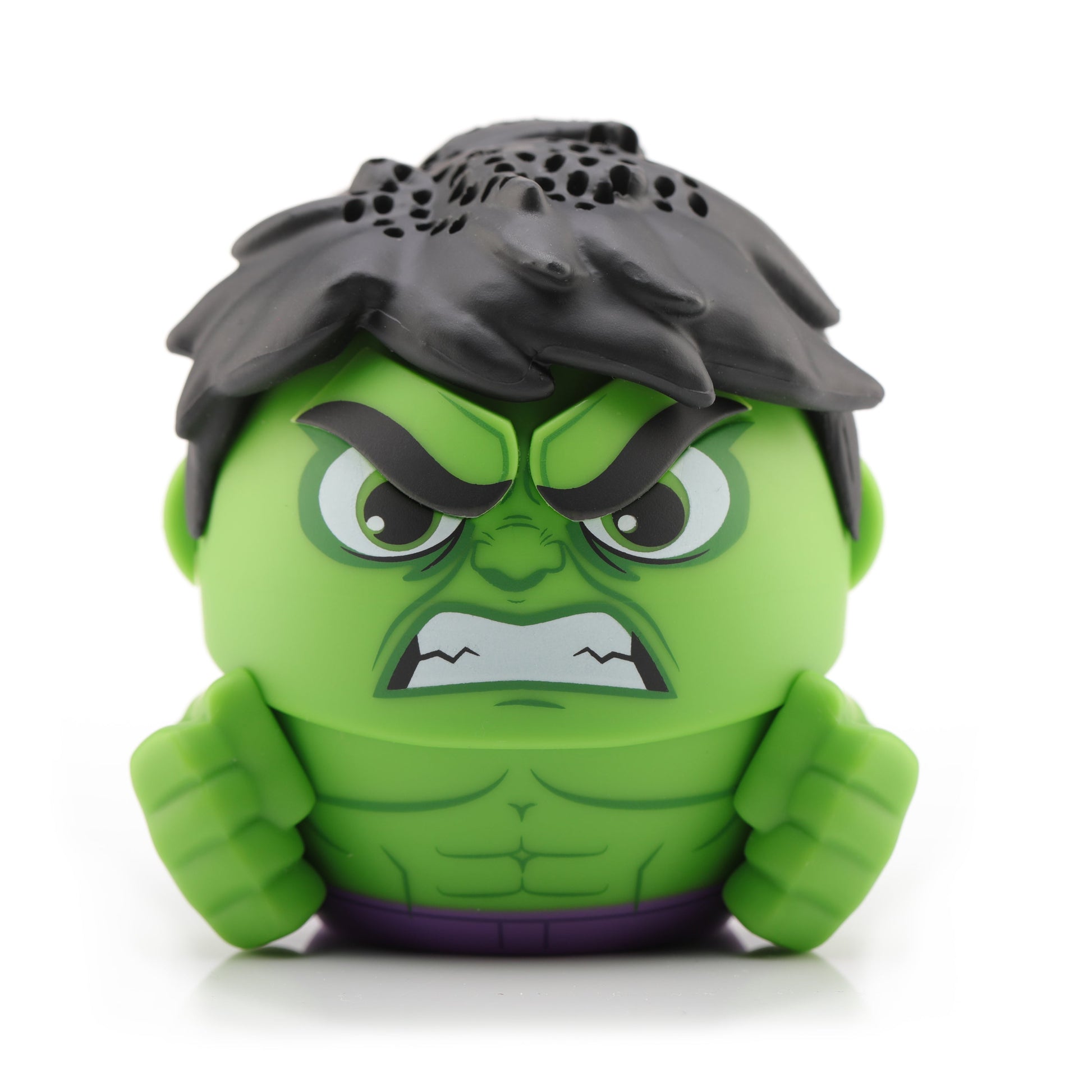 Front view of the Bitty Boomers Marvel Hulk mini Bluetooth speaker featuring his angry green face, black hair, clenched fists, and purple pants.