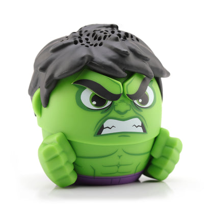 Angled right view of the Hulk mini speaker showing his scowling face, green fists, and textured black hair.