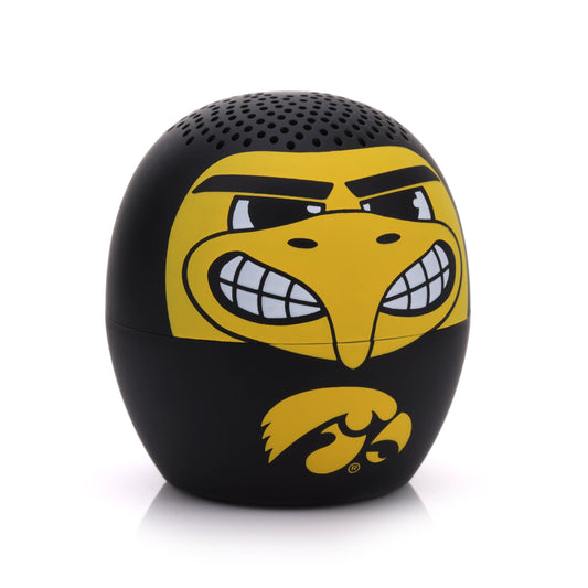 Angled front view of the Bitty Boomers Iowa Hawkeyes mini speaker showing the black and yellow design.