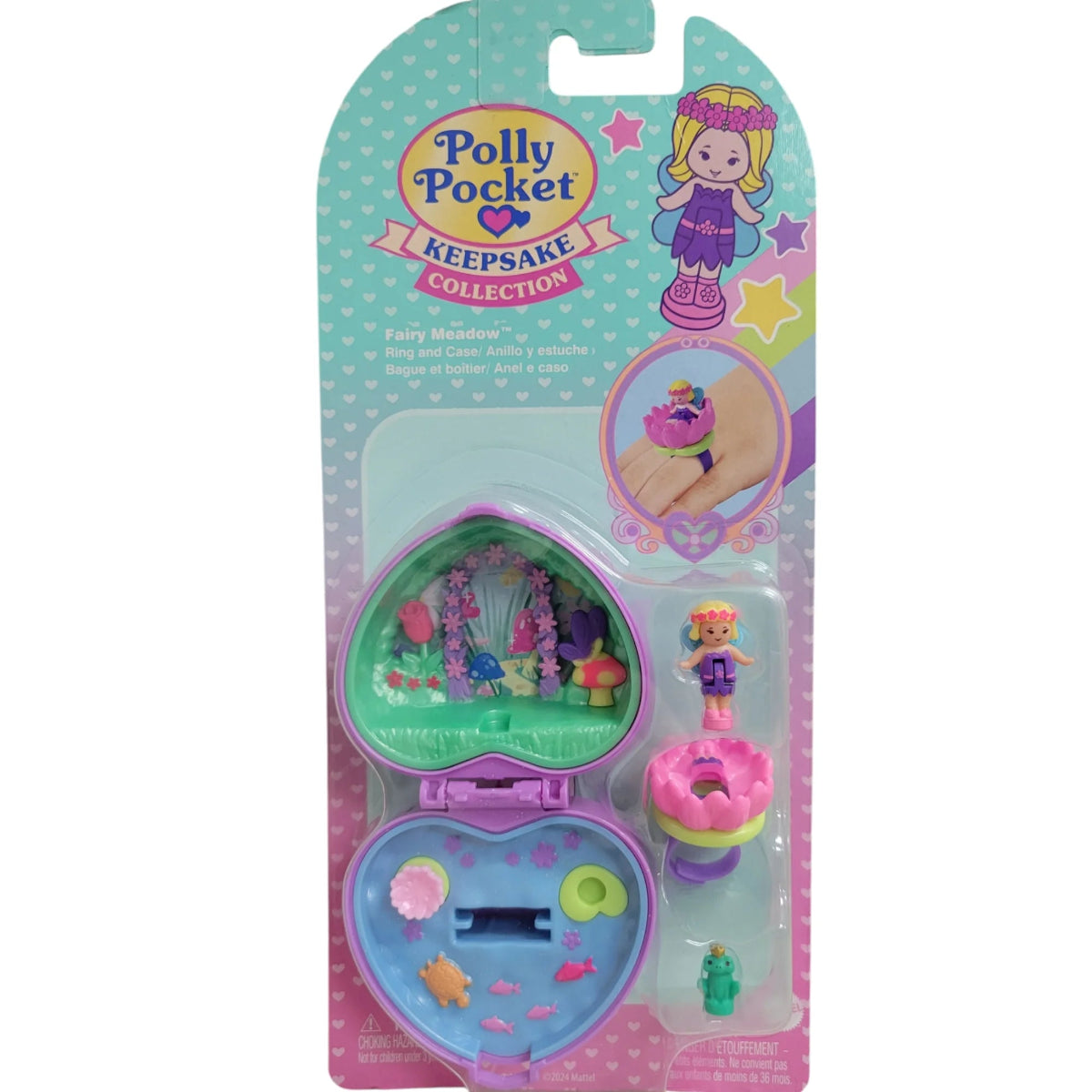Polly Pocket keepsake collection packaging with heart-shaped case and toys on a white background