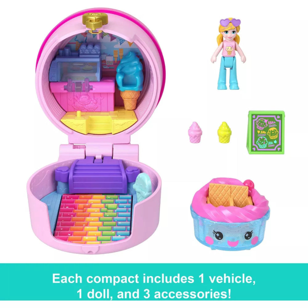 Toy compact set with vehicle, doll, and accessories on a white background