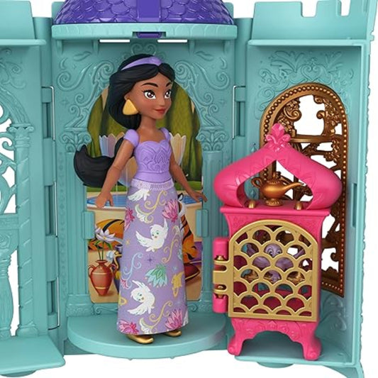 Toy doll with purple dress standing next to a pink and gold lamp in a toy castle setting