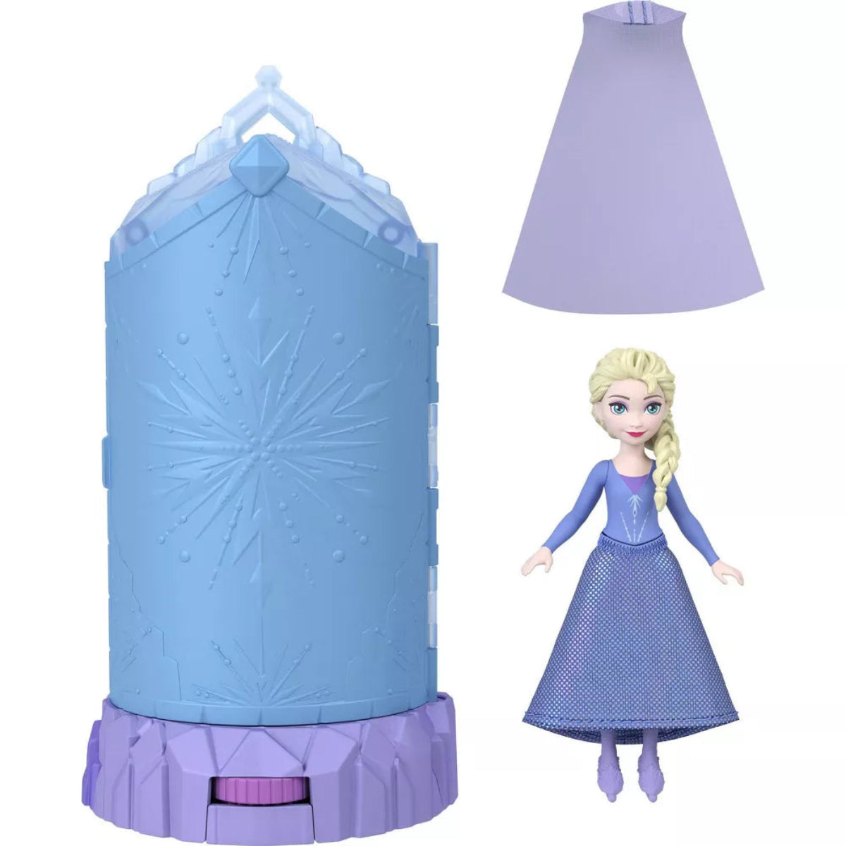 Frozen toy set with a doll in a crystal-like display case on a white background