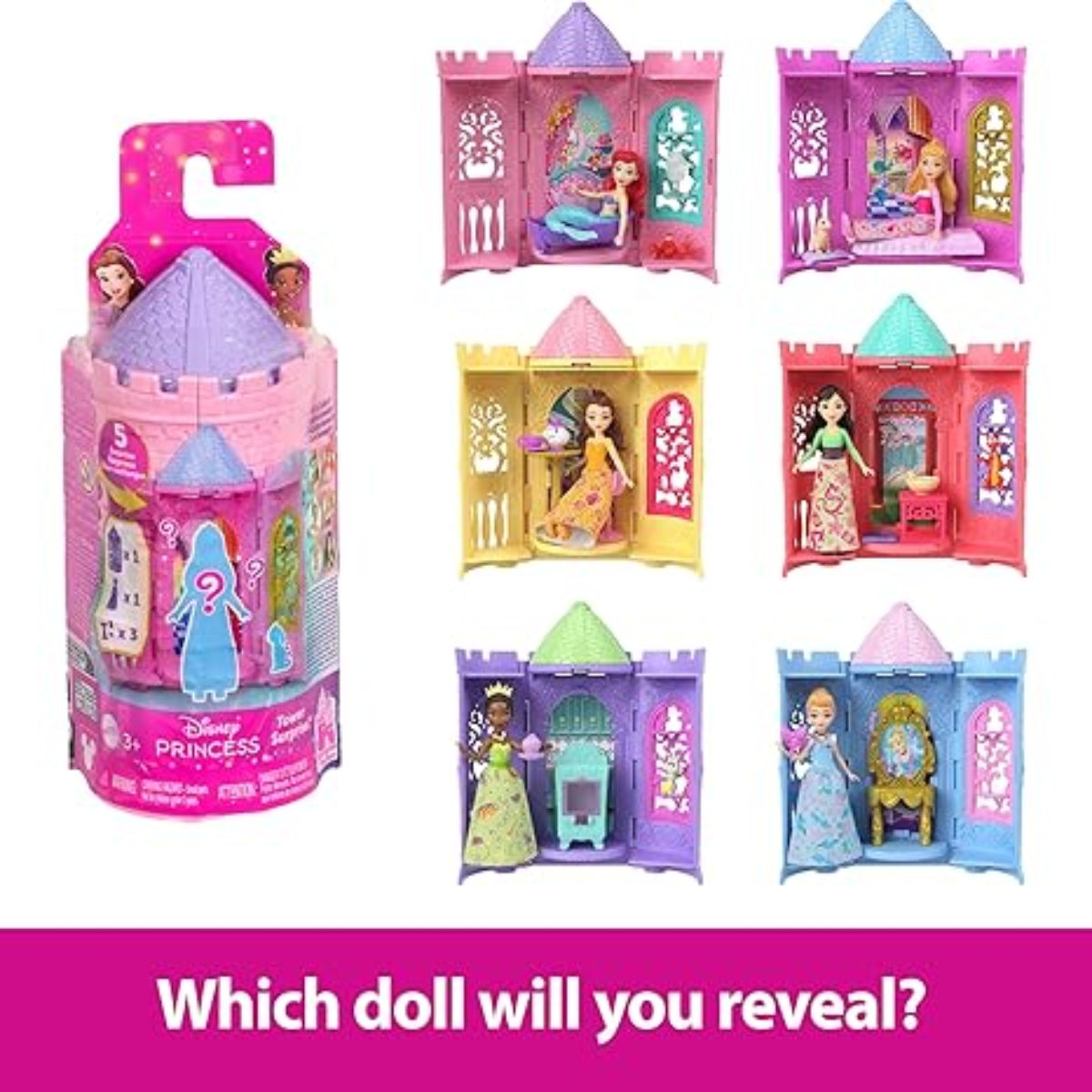 Set of Disney Princess toy castles with dolls inside on a white background