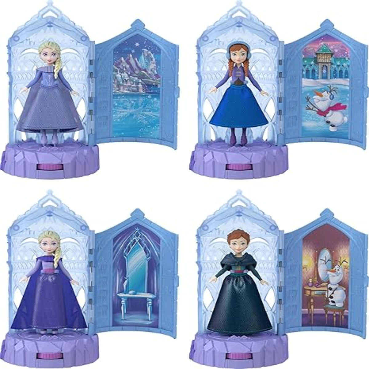 Set of Frozen dolls in display cases with animated scenes