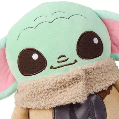 Close-up of Grogu’s face highlighting the embroidered details, large black eyes, and fluffy sherpa collar texture.