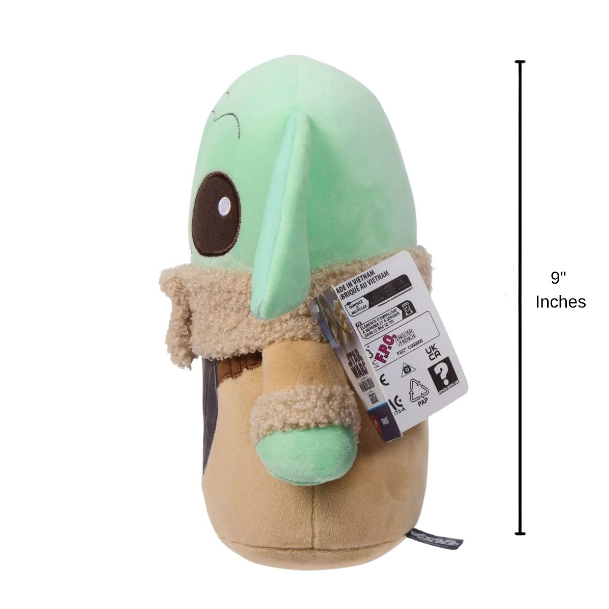 Profile view of the Grogu plush with a dimension line indicating its 9-inch height.