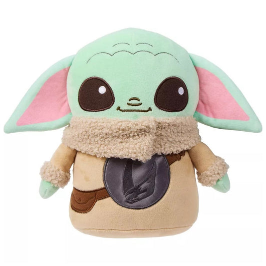 Front view of the 9-inch Grogu Rondel Design plush showing his green ears, large eyes, and tan robe with sherpa collar.