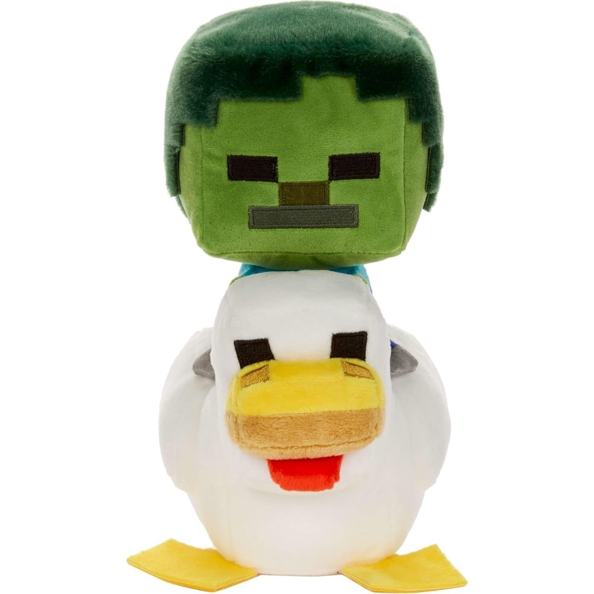 Front face view of the adorable Minecraft Chicken Jockey stuffed animal showing the pixelated faces of both the zombie and the chicken.
