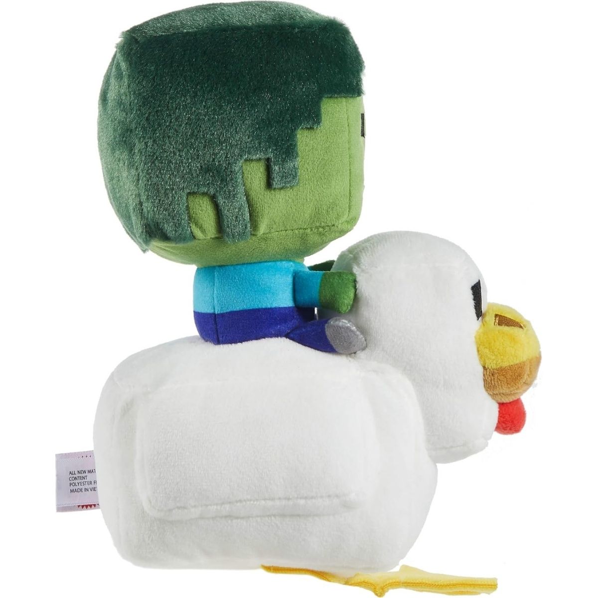 Back angled view of the Minecraft Chicken Jockey plush showing the green blocky back of the zombie and the soft white tail of the chicken.