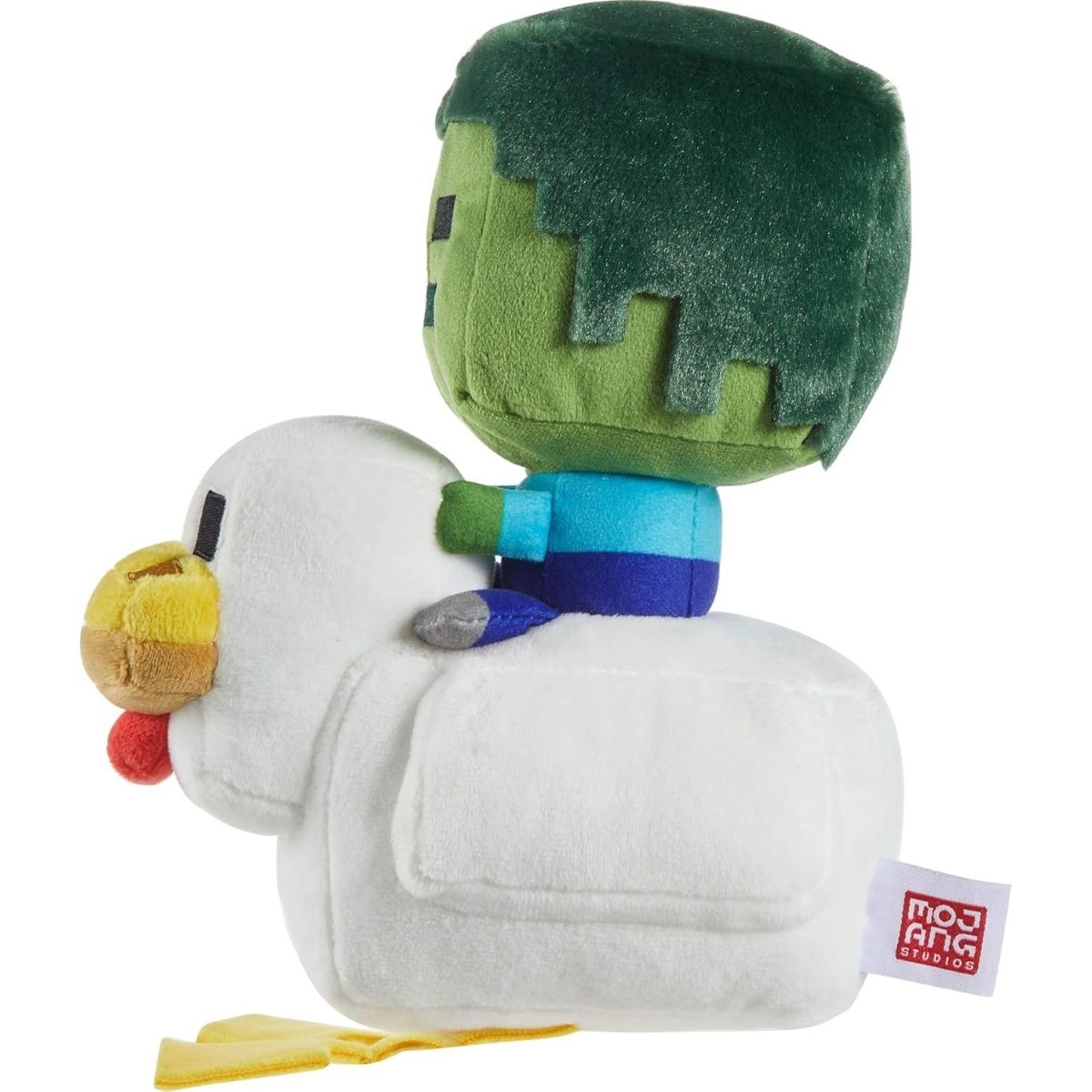 Straight back view of the Minecraft Chicken Jockey plush toy highlighting its authentic blocky video game design and soft textures.